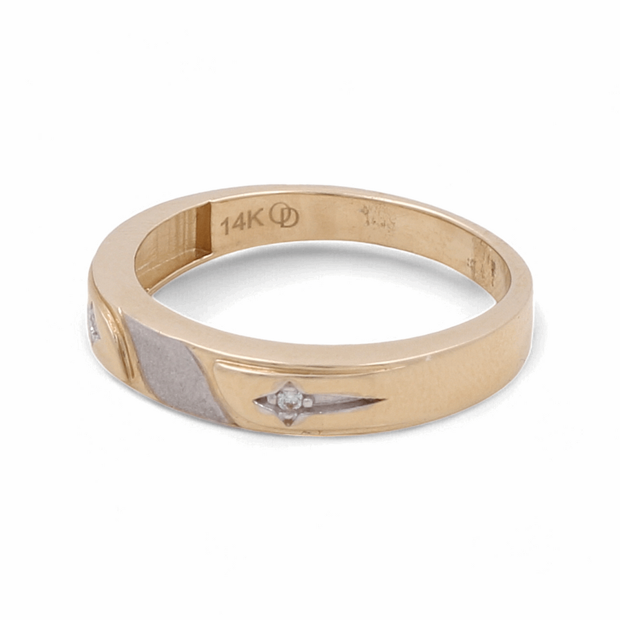 Miral Jewelry offers a 14K yellow and white gold wedding band with a zirconia accent, featuring a matte and polished finish design, perfect as a men’s ring.