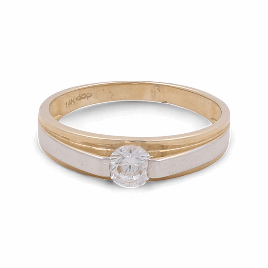 Brandishing fine craftsmanship, the 14K Yellow and White Gold Wedding Women Ring from Miral Jewelry is a stunning piece featuring a single round-cut clear zirconia gemstone at its center. The inside of this elegant ring is engraved with "14K," highlighting its exquisite design.