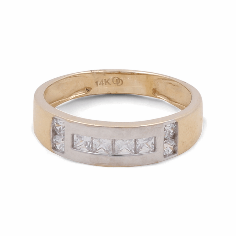 A striking 14K yellow and white gold men's wedding ring by Miral Jewelry, adorned with five square-cut zirconia stones set in a row on its band.