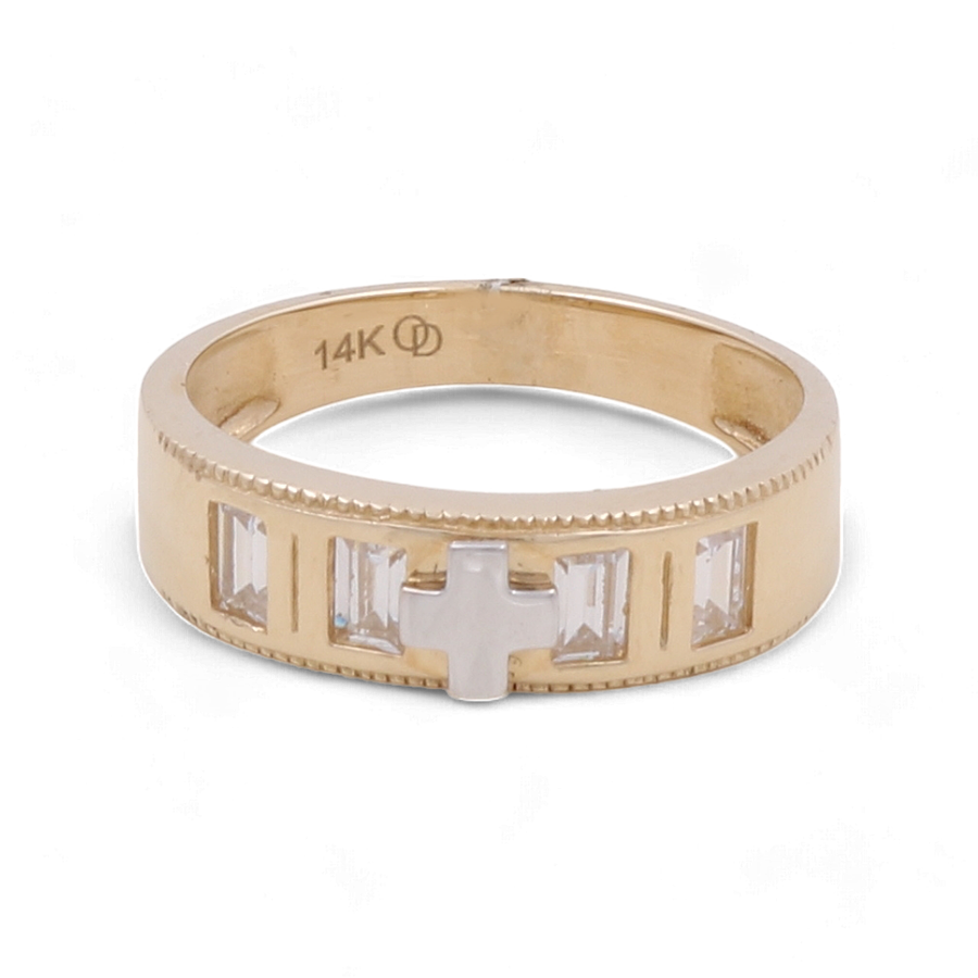 A men's wedding ring from Miral Jewelry, named the 14K Yellow and White Gold Wedding Men Ring with Zirconia, features four rectangular zirconia gemstones and a cross design on the front, crafted from 14K yellow and white gold.