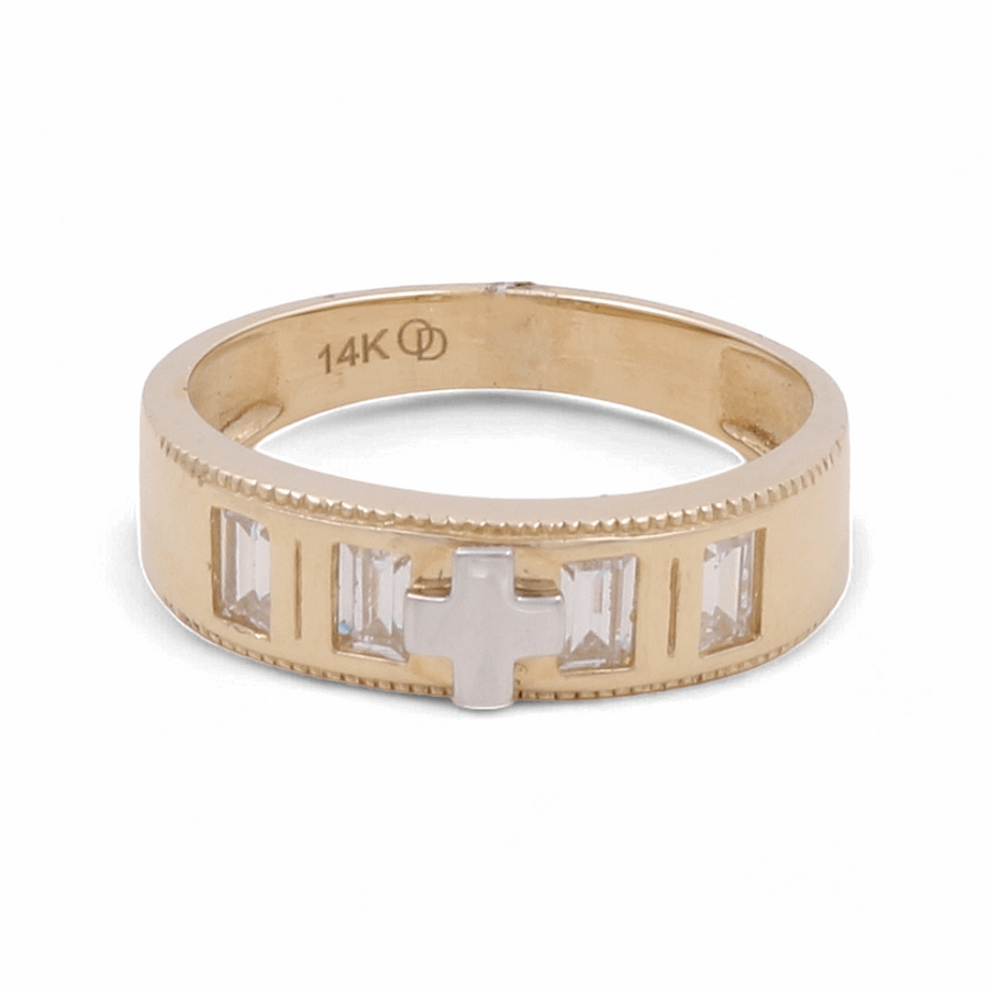 A men's wedding ring from Miral Jewelry, named the 14K Yellow and White Gold Wedding Men Ring with Zirconia, features four rectangular zirconia gemstones and a cross design on the front, crafted from 14K yellow and white gold.