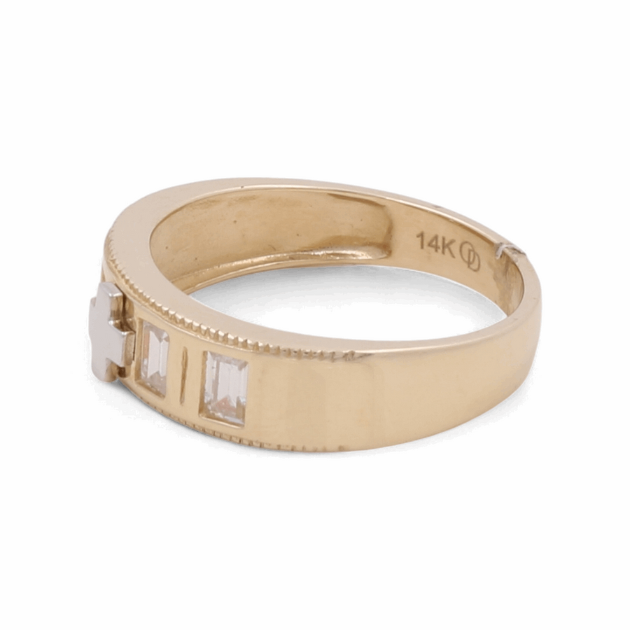 Miral Jewelry's exquisite 14K Yellow and White Gold Wedding Men Ring with Zirconia features a rectangular band and three rectangular-cut zirconia gemstones embedded on the side. The "14K" hallmark on the band exemplifies its elegance.