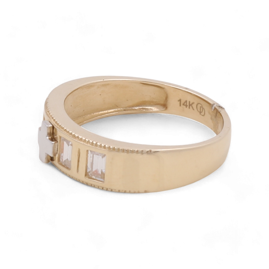 Miral Jewelry's exquisite 14K Yellow and White Gold Wedding Men Ring with Zirconia features a rectangular band and three rectangular-cut zirconia gemstones embedded on the side. The "14K" hallmark on the band exemplifies its elegance.