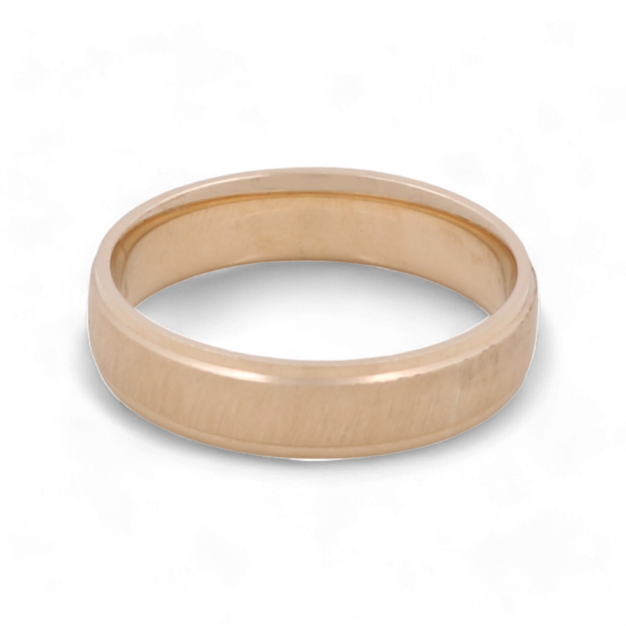 A plain, 14K yellow gold wedding band with a smooth finish from Miral Jewelry, photographed against a white background.