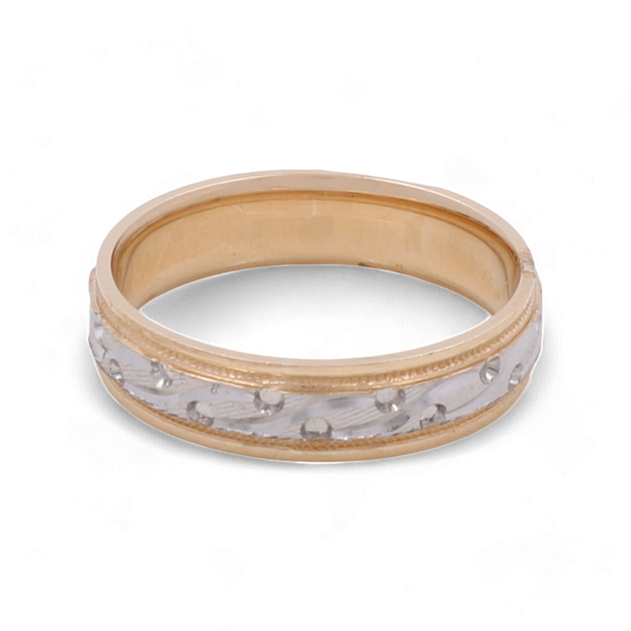 The Miral Jewelry 14K Yellow and White Gold Wedding Band Men Ring features a two-tone design with a silver center band adorned with a pattern of small, raised dots.