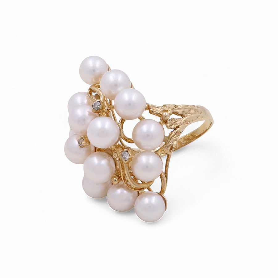 Miral Jewelry's 14K Yellow Gold Fashion Women's with Pearl Ring showcases a cluster of multiple white pearls elegantly arranged on decorative branches.