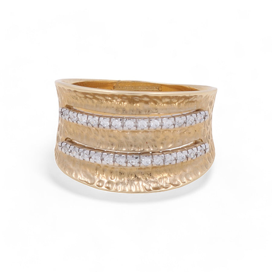 The Miral Jewelry 14K Yellow Gold Fashion Women's Hammered Ring is a stunning piece featuring a textured surface and two horizontal rows of embedded small white stones, making it the perfect fashion accessory.