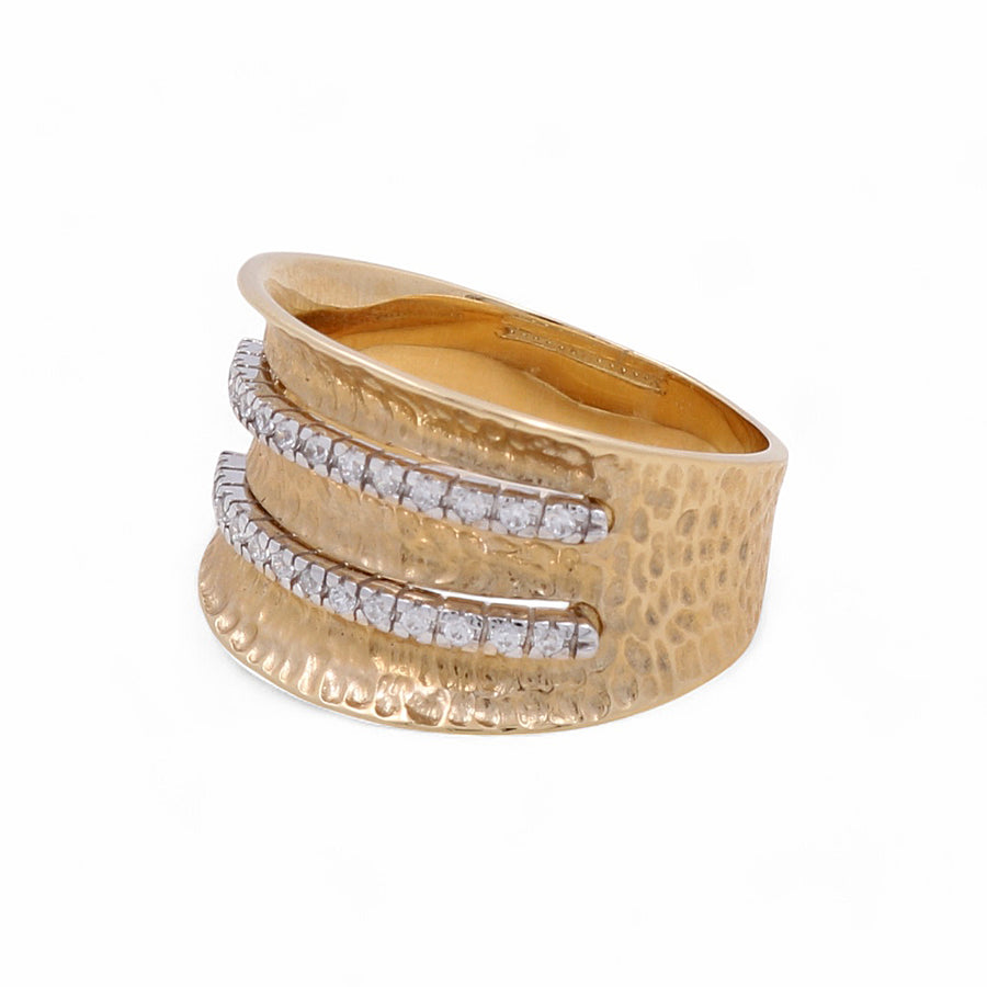 Miral Jewelry's 14K Yellow Gold Fashion Women's Hammered Ring showcases a textured design with three horizontal rows of small diamonds.