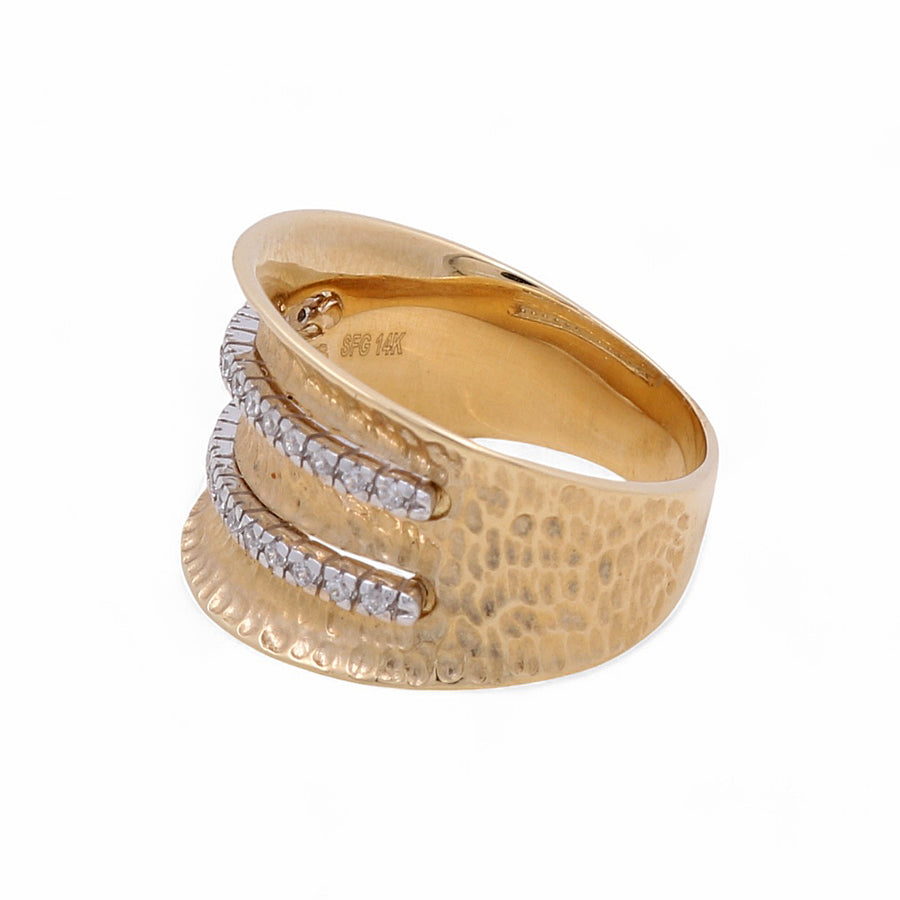 The Miral Jewelry 14K Yellow Gold Fashion Women's Hammered Ring features three parallel rows of small diamonds set on one side, making it perfect for those seeking a chic and stylish accessory.