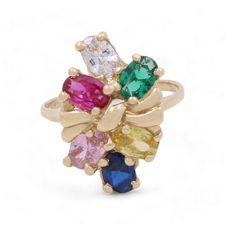 Discover the timeless elegance of the Miral Jewelry 14K Yellow Gold Fashion Women Ring with Stones. This exquisite piece features six vibrant gemstones in assorted shapes and hues, including green, pink, yellow, blue, red, and clear stones—perfect for any occasion.