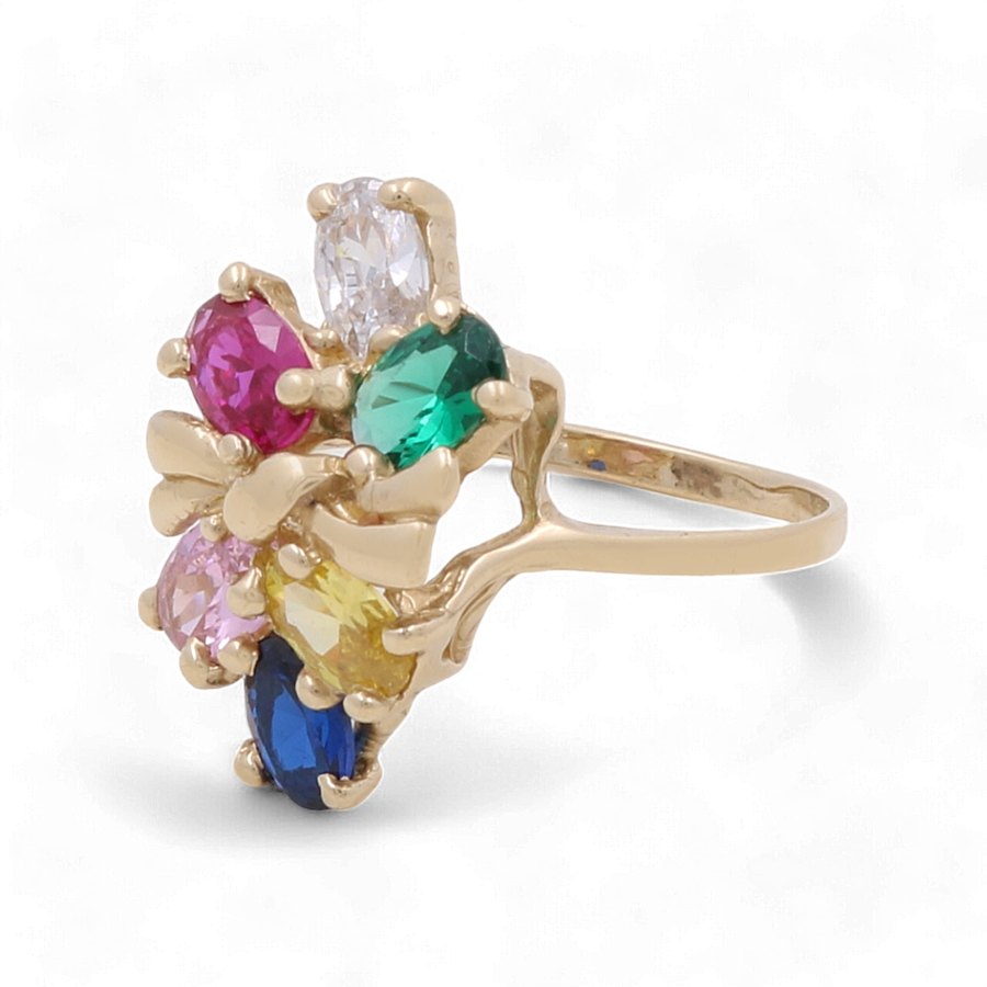 The Miral Jewelry 14K Yellow Gold Fashion Women Ring with Stones showcases a cluster of multi-colored gemstones and a butterfly-shaped detail, crafted from yellow and white gold.