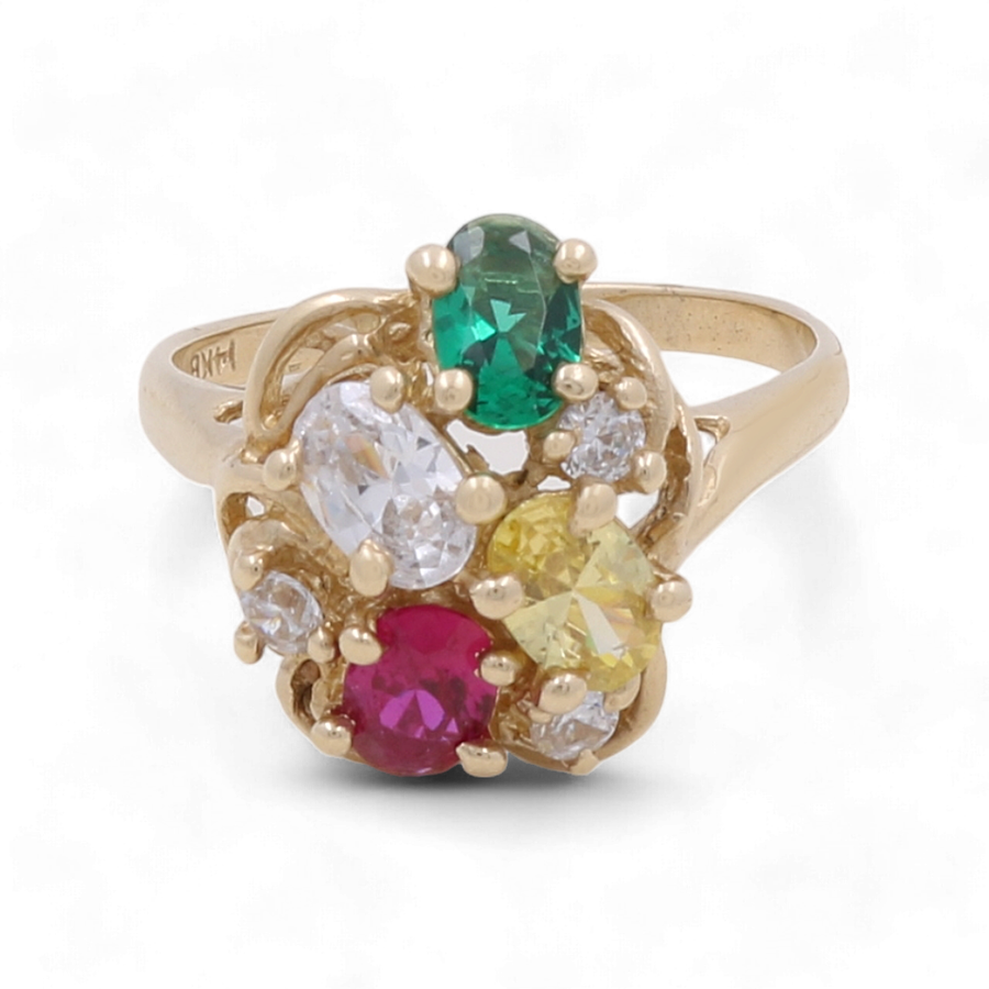 The Miral Jewelry 14K Yellow Gold Fashion Women's Ring showcases five vibrant gemstones in green, clear, yellow, and red colors, complemented by smaller sparkling stones in a stunning cluster setting.