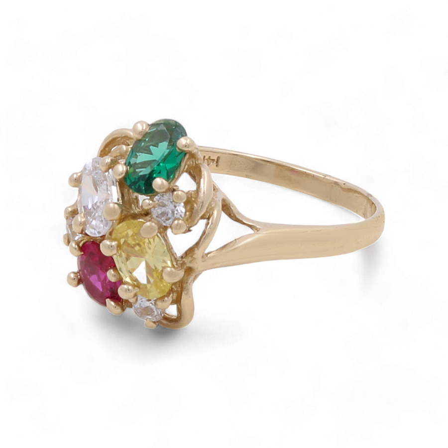 The Miral Jewelry 14K Yellow Gold Fashion Women Ring with Stones features a chic cluster setting adorned with dazzling green, pink, yellow, and clear stones—ideal for the fashion-forward woman.