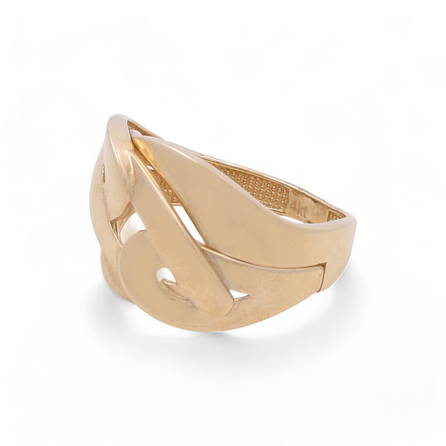 The 14K Yellow Gold Fashion Women's Ring from Miral Jewelry boasts a modern design with sleek, intertwined, and overlapping shapes reminiscent of a heart lock ring. Adorned with shimmering cubic zirconias, it exudes added elegance.