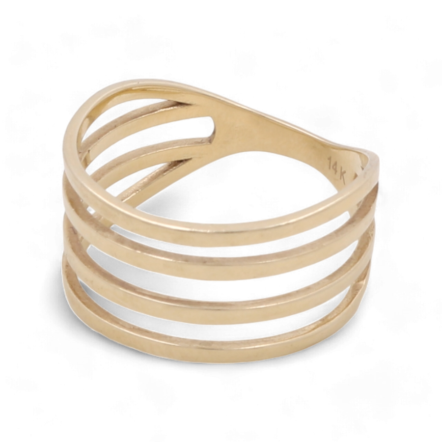 The 14K Yellow Gold Fashion Women Ring by Miral Jewelry is an elegant piece with a modern, open design that features parallel bands and a 14k hallmark. It's perfect for fashion-conscious women seeking sophisticated jewelry.