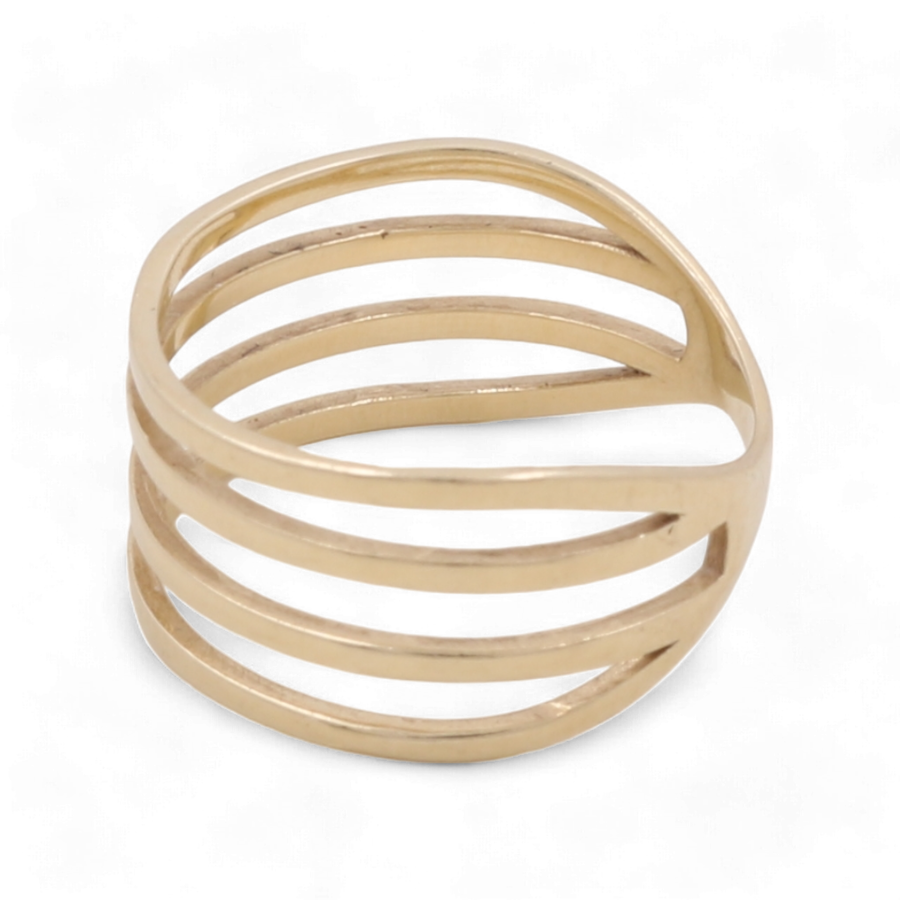 The 14K Yellow Gold Fashion Women Ring by Miral Jewelry features five parallel, open bands connected at the base, creating an elegant and airy design.