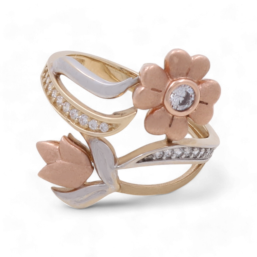 Introducing the 14K Yellow, White, and Rose Gold Flower Fashion Women Ring with Zirconia by Miral Jewelry—a stunning accessory featuring a pink flower and tulip design adorned with sparkling zirconia. Perfect for the fashion-forward woman seeking luxury and elegance.