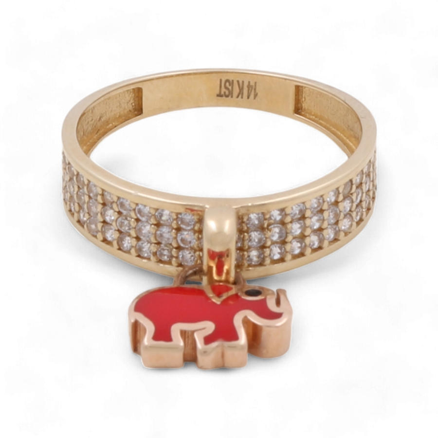 The 14K Yellow Gold Red Elephant Fashion Women Ring with Zirconia by Miral Jewelry features a gold band adorned with multiple Zirconia stones and a charming small red elephant.