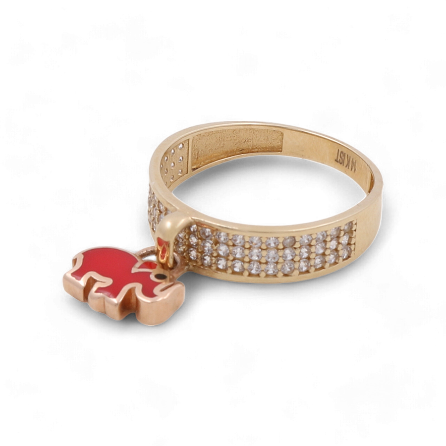 Miral Jewelry's 14K Yellow Gold Red Elephant Fashion Women Ring with Zirconia stones.