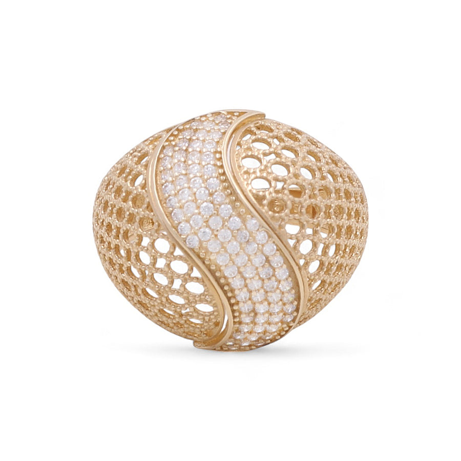 Miral Jewelry's 14K Yellow Gold Fashion Women's Ring with Cubic Zirconias boasts a spherical, hammered design featuring intricate openwork and a central winding strip encrusted with small white gemstones, offering an elegant and sophisticated look.