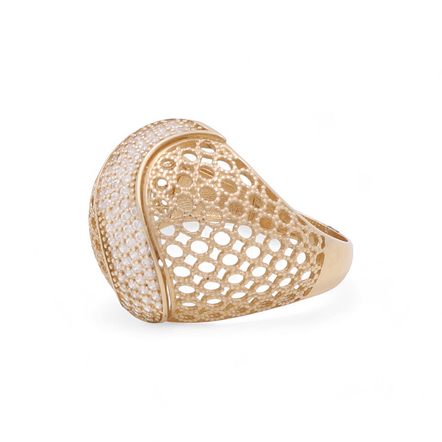 The Miral Jewelry 14K Yellow Gold Fashion Women's Ring features a tricolor open lattice design and is elegantly encrusted with sparkling cubic zirconias.