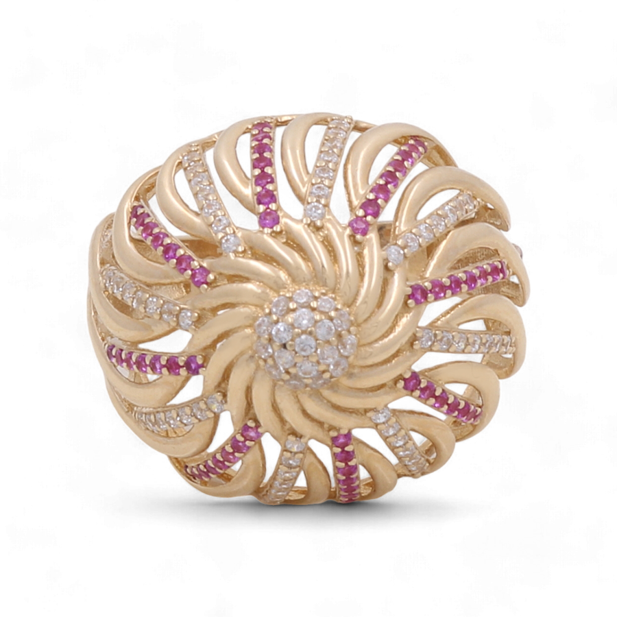 The Miral Jewelry 14K Yellow Gold Fashion Women Ring showcases a captivating swirl design with alternating rows of small white and pink gemstones, embodying the charm of a Flower Fashion Ring.