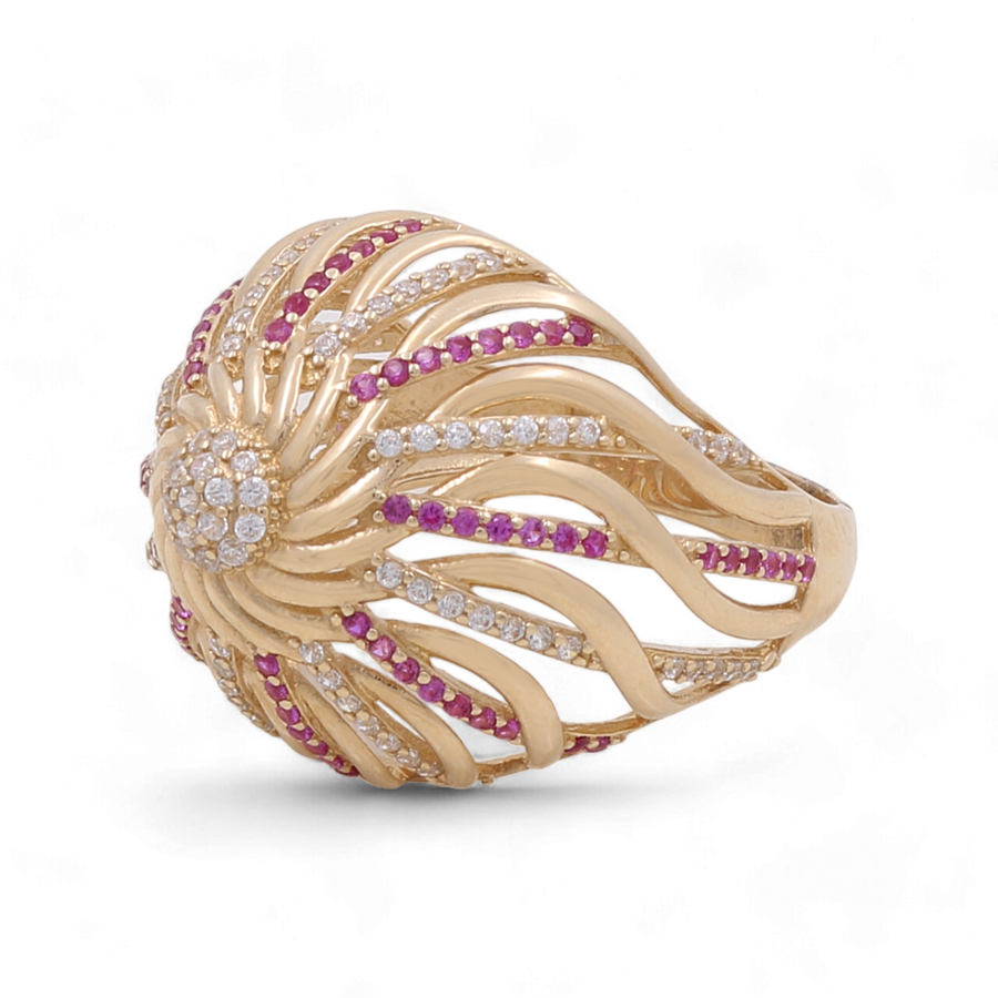 Introducing the 14K Yellow Gold Fashion Women Ring by Miral Jewelry, featuring an intricate design with strips of gold intertwined with rows of small ruby, diamond, and zirconia stones.