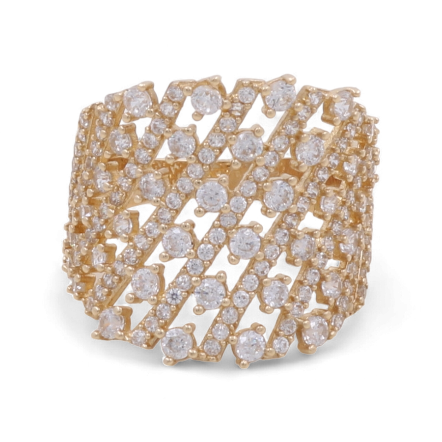 Introducing the 14K Yellow Gold Fashion Women Ring by Miral Jewelry, featuring a wide band with an intricate lattice design and embellished with numerous small, round cubic zirconia stones.