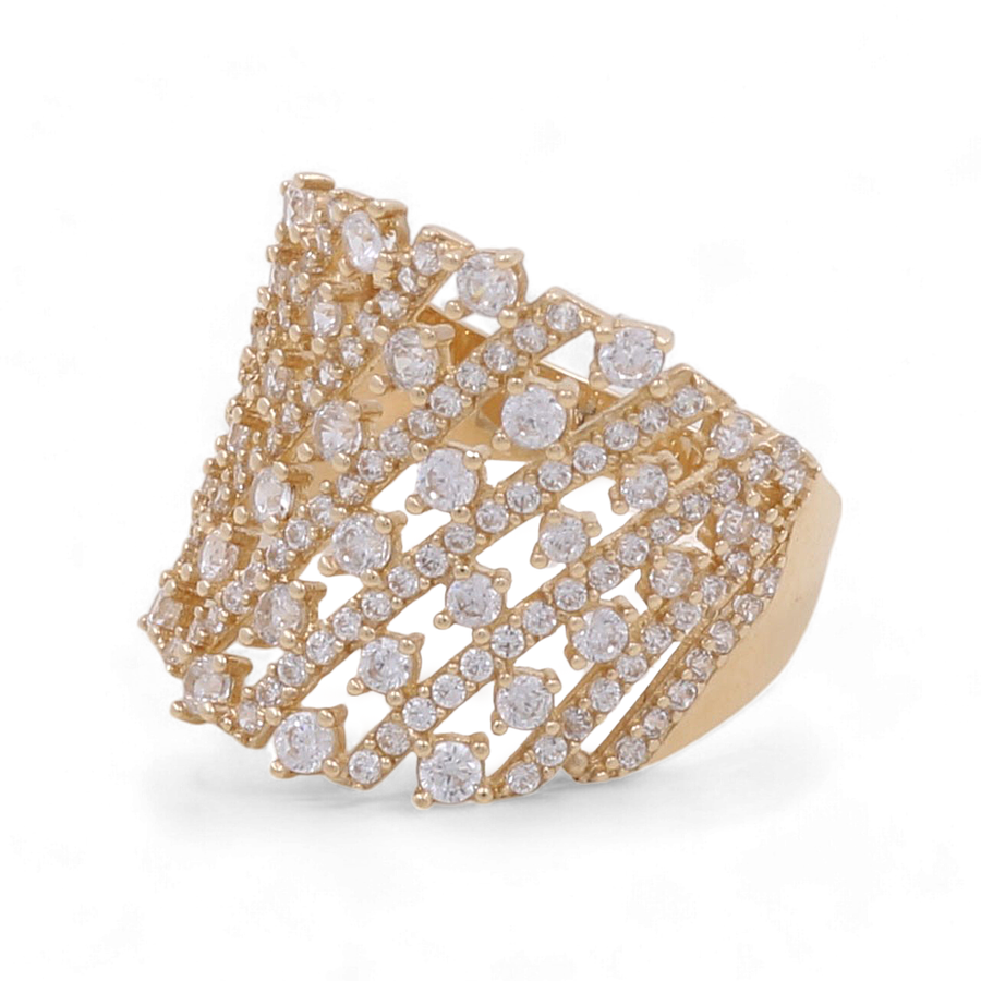 The Miral Jewelry 14K Yellow Gold Fashion Women Ring showcases an intricate lattice design, adorned with cubic zirconia arranged in evenly spaced rows.