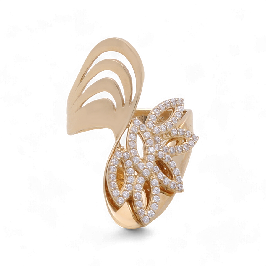 The Miral Jewelry 14K Yellow Gold Fashion Women Ring features an intricate, openwork design encrusted with small cubic zirconia diamonds, resembling leaves or petals.