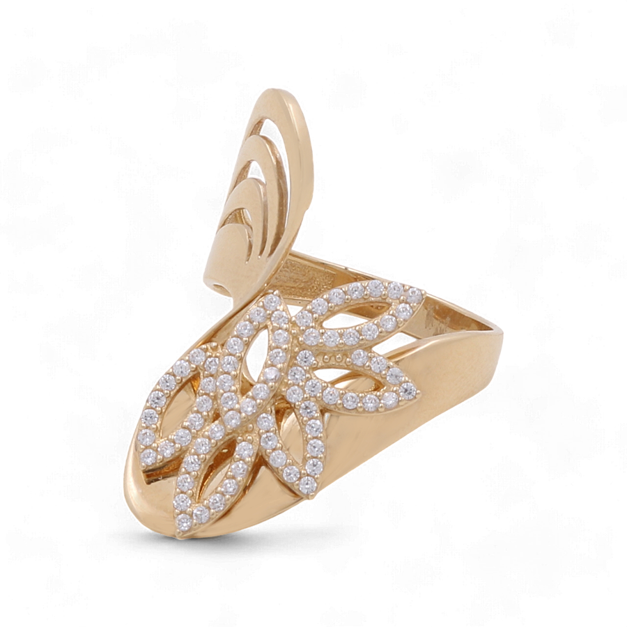 The 14K Yellow Gold Fashion Women Ring by Miral Jewelry showcases a wide band and an intricate, leaf-like design, sparkling with small diamonds.