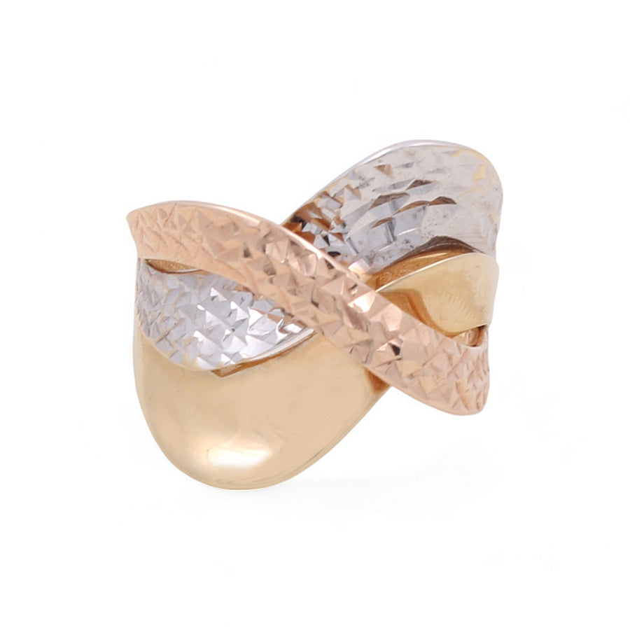 A 14K Tricolor Gold Fashion Hammered Women's Ring by Miral Jewelry features intertwined bands in gold, silver, and rose gold with a textured and reflective surface.