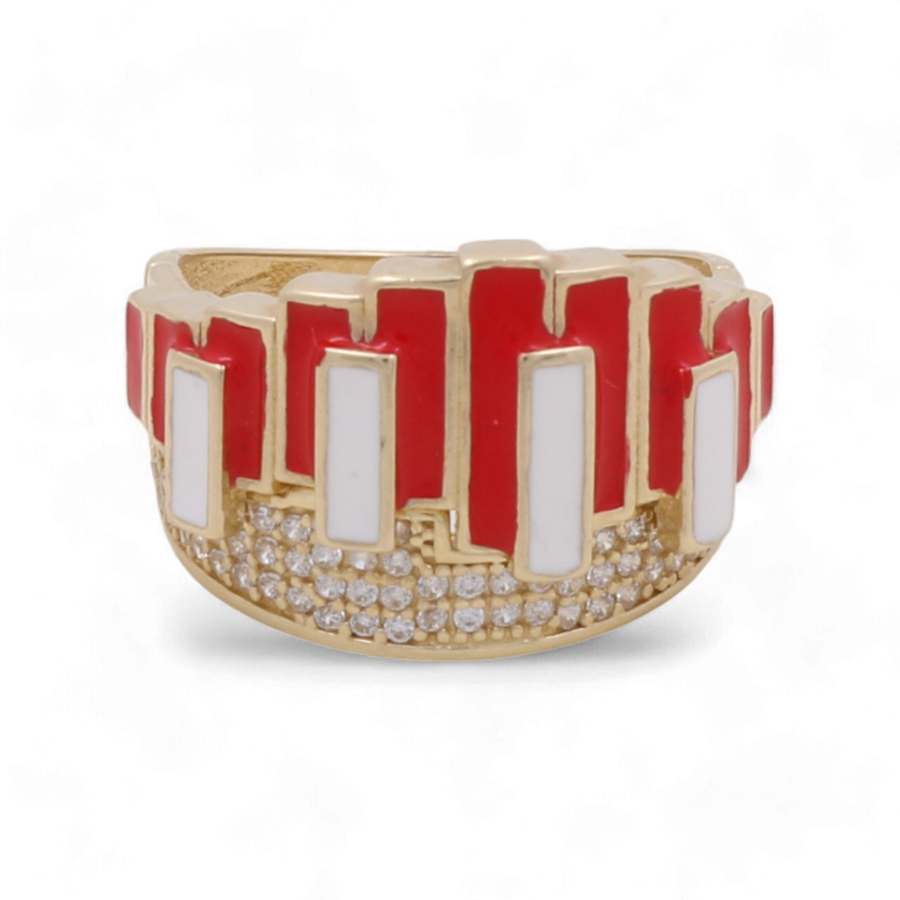 The Miral Jewelry 14K Yellow Gold Fashion Women Ring showcases elegant vertical red and white enamel rectangles, enhanced with sparkling clear cubic zirconia gemstones.