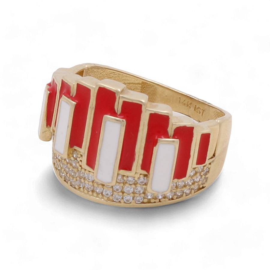 The Miral Jewelry 14K Yellow Gold Fashion Women Ring features red and white rectangular inlays and small embedded diamonds, making it the perfect accessory for any woman.