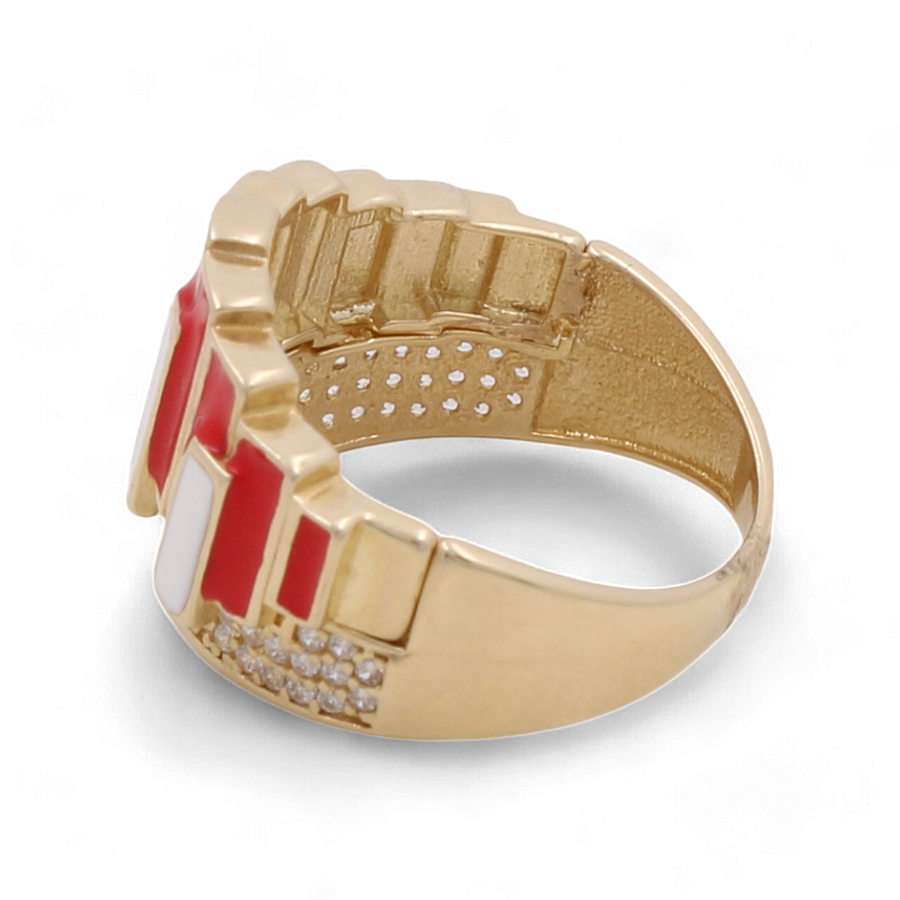 The Miral Jewelry 14K Yellow Gold Fashion Women Ring boasts a patterned design embellished with red, white, and clear cubic zirconia stones along the band.