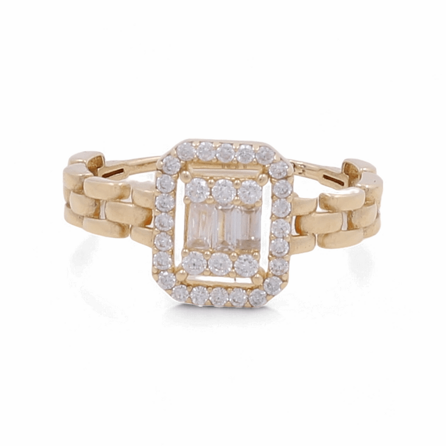 The Miral Jewelry 14K Yellow Gold Engagement Women's Ring showcases a stunning geometric design, highlighted by a central square cluster of small diamonds and encircled by an additional row of diamonds—an ideal choice for an engagement ring.