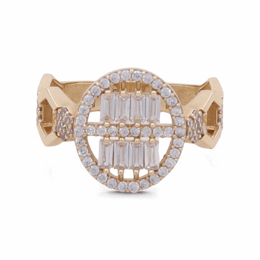 The 14K Yellow Gold Engagement Women's Ring by Miral Jewelry showcases a stunning circular design adorned with rows of rectangular and round cubic zirconia stones.