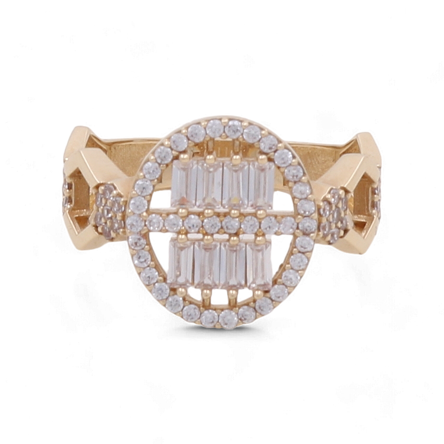 The 14K Yellow Gold Engagement Women's Ring by Miral Jewelry showcases a stunning circular design adorned with rows of rectangular and round cubic zirconia stones.