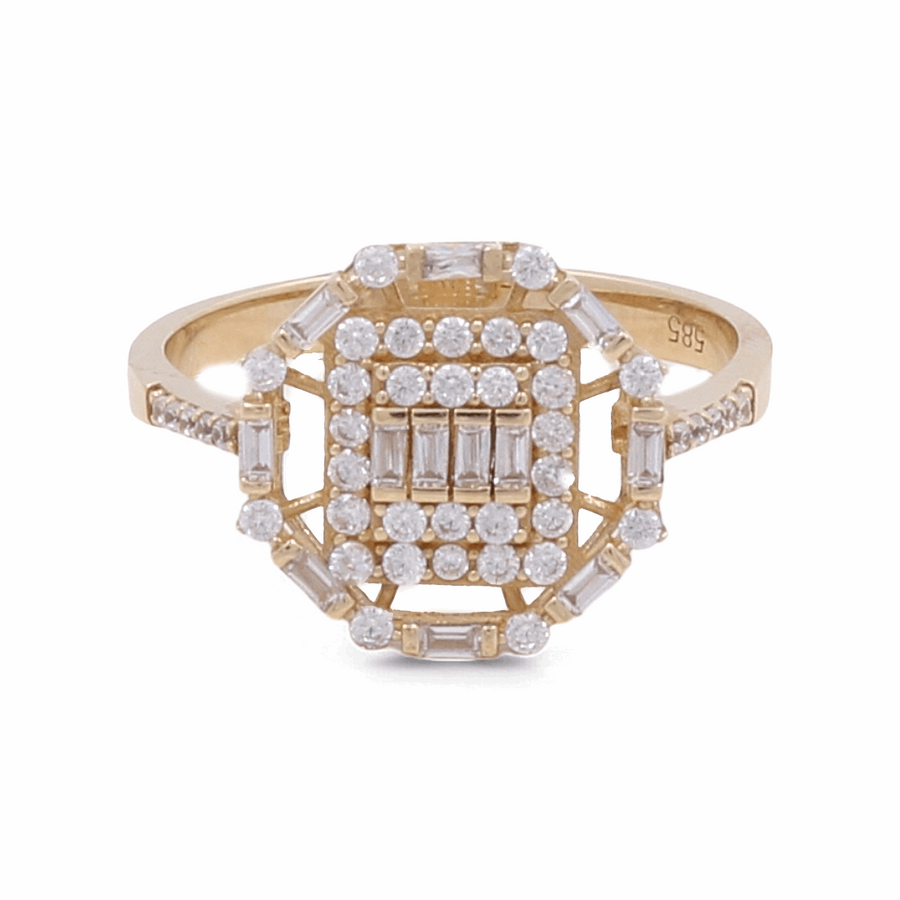 The Miral Jewelry 14K Yellow Gold Engagement Women's Ring showcases an elegant luxury with its geometric design, adorned with multiple small white cubic zirconia gemstones arranged in a square and surrounding patterns.