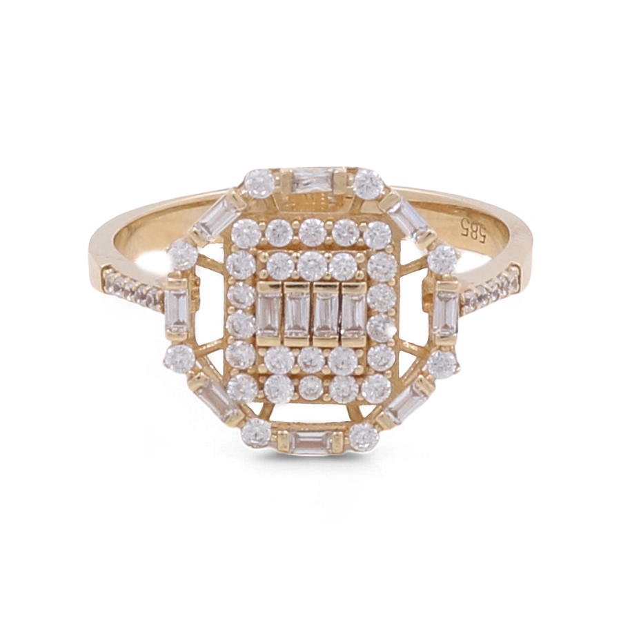 Miral Jewelry's 14K Yellow Gold Engagement Women's Ring showcases an exquisite geometric design, adorned with a captivating array of small round and rectangular diamonds.