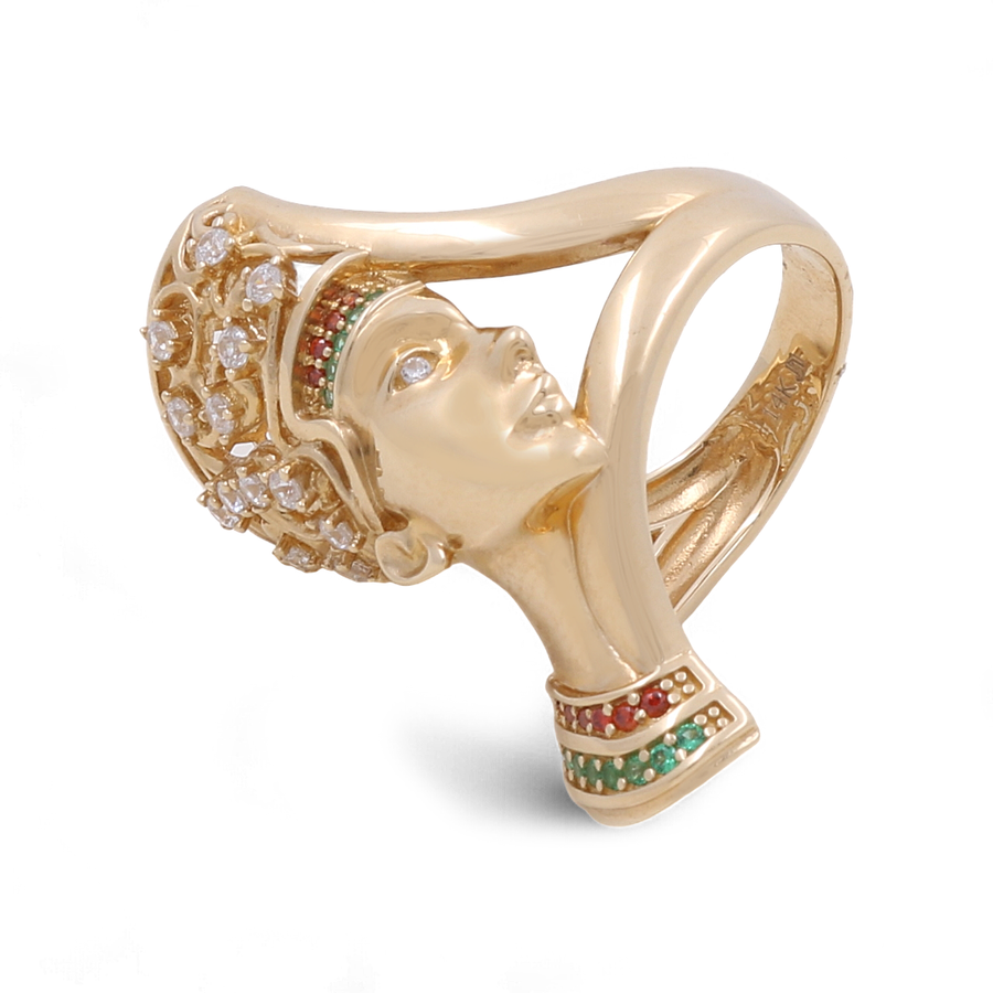 Introducing the Miral Jewelry 14K Yellow Gold Fashion Women Ring, featuring the intricate carved head of an adorned figure, accentuated with cubic zirconia gems in vibrant red, green, and white.