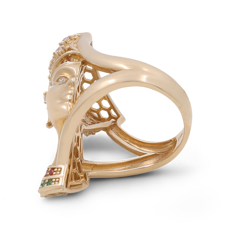 The 14K Yellow Gold Fashion Women Ring by Miral Jewelry boasts a detailed face with intricate designs and multi-colored cubic zirconia accents on the headpiece and base.