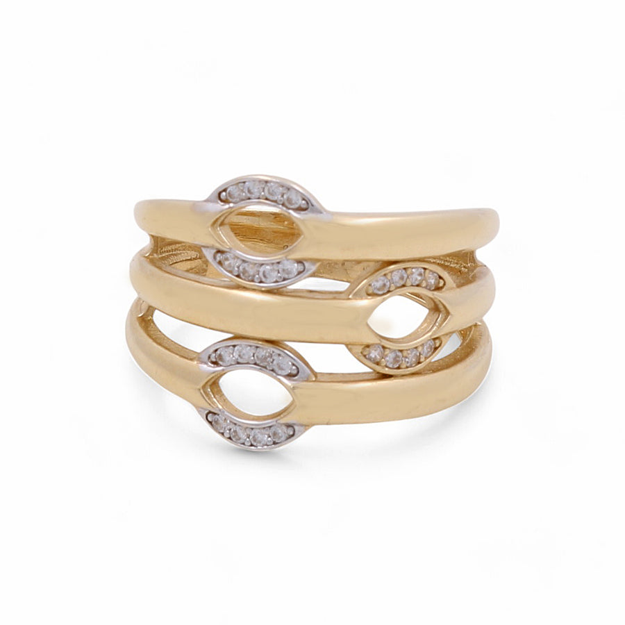 A 14K Yellow Gold Fashion Women's Ring by Miral Jewelry, featuring three interconnected bands. Each band showcases an oval cutout adorned with small white cubic zirconias.