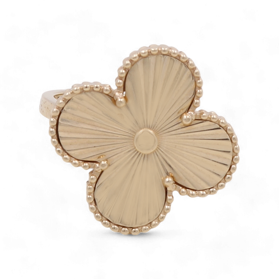 Miral Jewelry's 14K Yellow Gold Fashion Flower Women's Ring features a central radiating pattern and beaded edges, perfect for celebrating milestone moments.