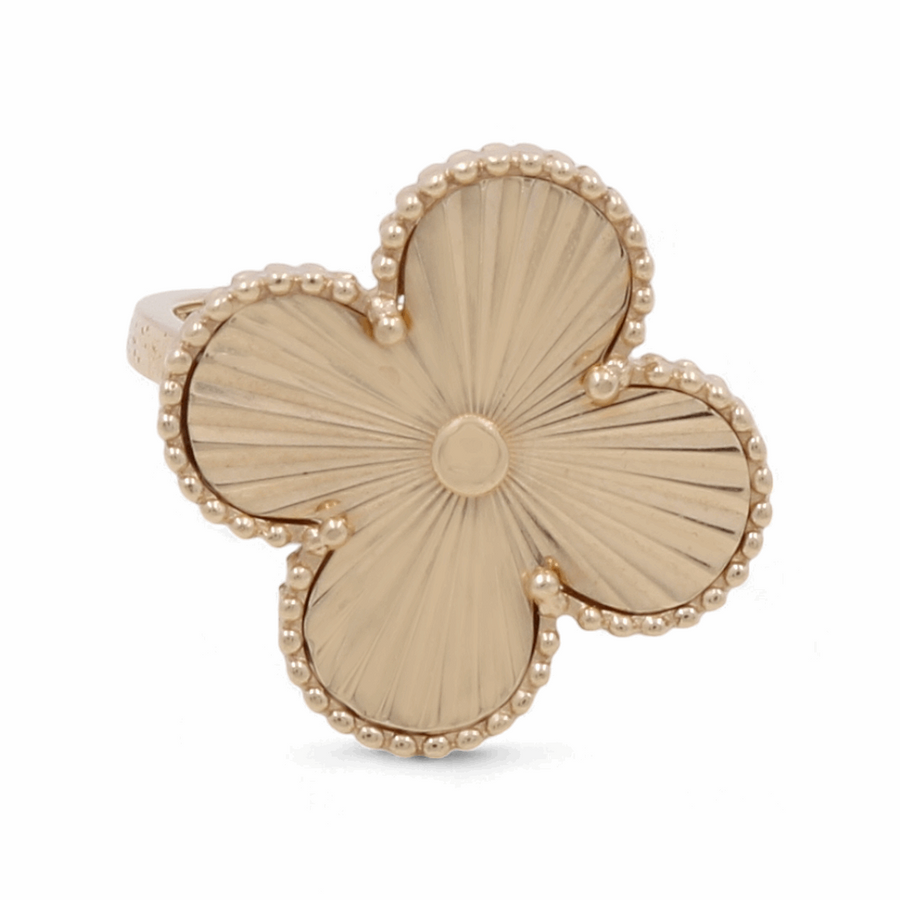 Miral Jewelry's 14K Yellow Gold Fashion Flower Women's Ring features a central radiating pattern and beaded edges, perfect for celebrating milestone moments.