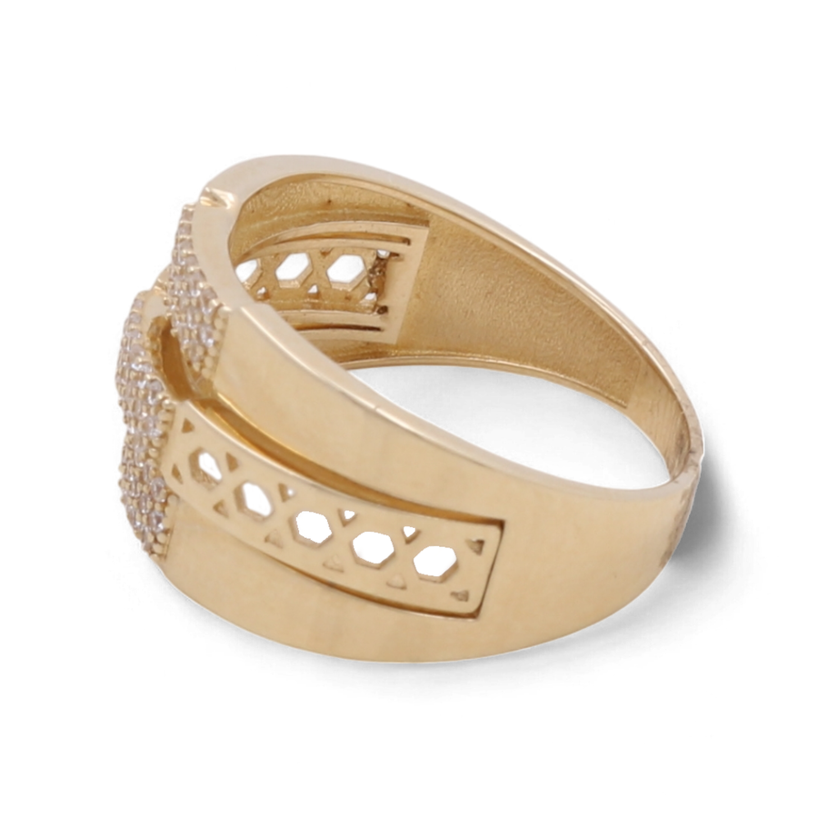 The 14K Yellow Gold Fashion with Zirconias Women's Ring by Miral Jewelry boasts geometric cut-out details and a decorative band embellished with small zirconias, radiating elegance and charm.