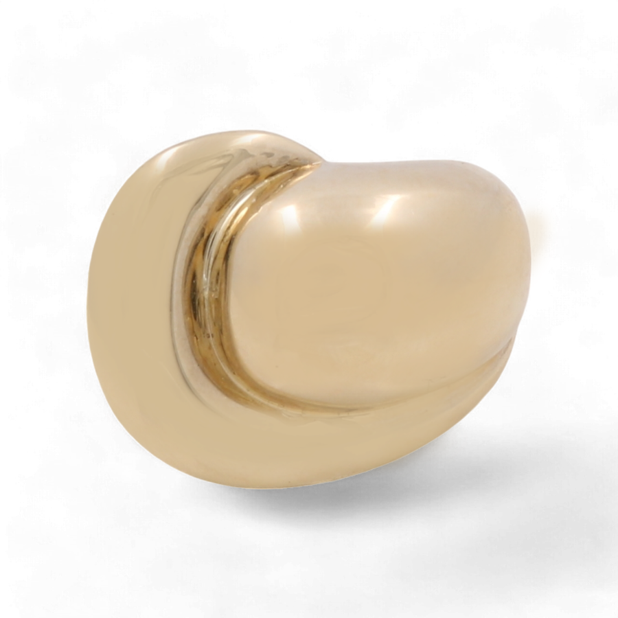 A smooth, oval-shaped, shiny nugget of gold with a curved indentation, resembling the 14K Yellow Gold Fashion Women's Ring by Miral Jewelry, sits elegantly on a white background.