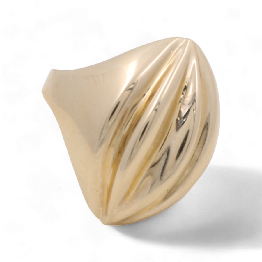 The Miral Jewelry 14K Yellow Gold Fashion Women's Ring features a smooth, curved design with symmetrical grooves, showcasing a timeless elegance perfect for any fashion-conscious woman.