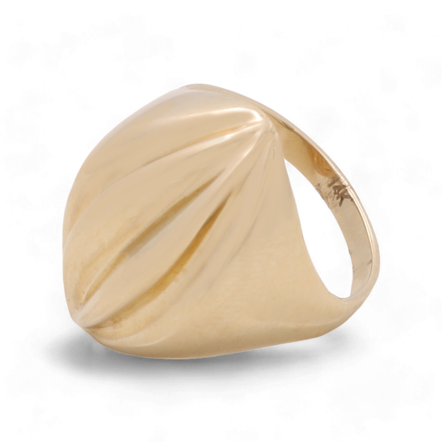 Introducing the 14K Yellow Gold Fashion Women's Ring by Miral Jewelry. This elegant piece features a sculpted, ridged design on its top surface, adding a timeless touch of sophistication and grace to any outfit.