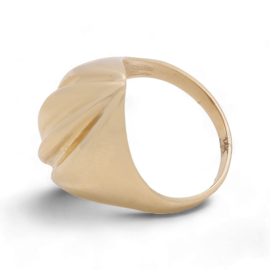 The 14K Yellow Gold Fashion Women's Ring by Miral Jewelry features a wide band and a smooth, slightly curved top design that showcases its timeless elegance, beautifully isolated on a white background.